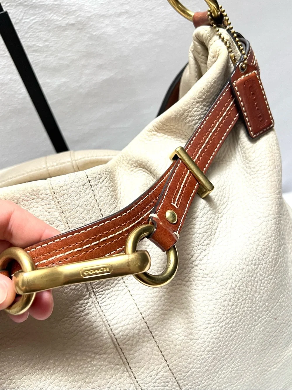 Authentic COACH Cream Leather Hobo Bag with Brown Leather Trim